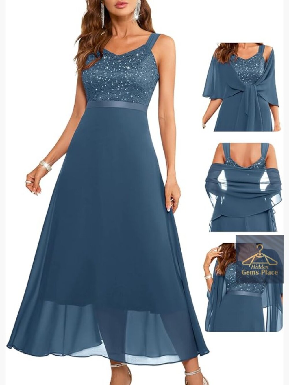 Elegant Sequin Lace Formal Dress with Chiffon Shawl for Wedding Guest